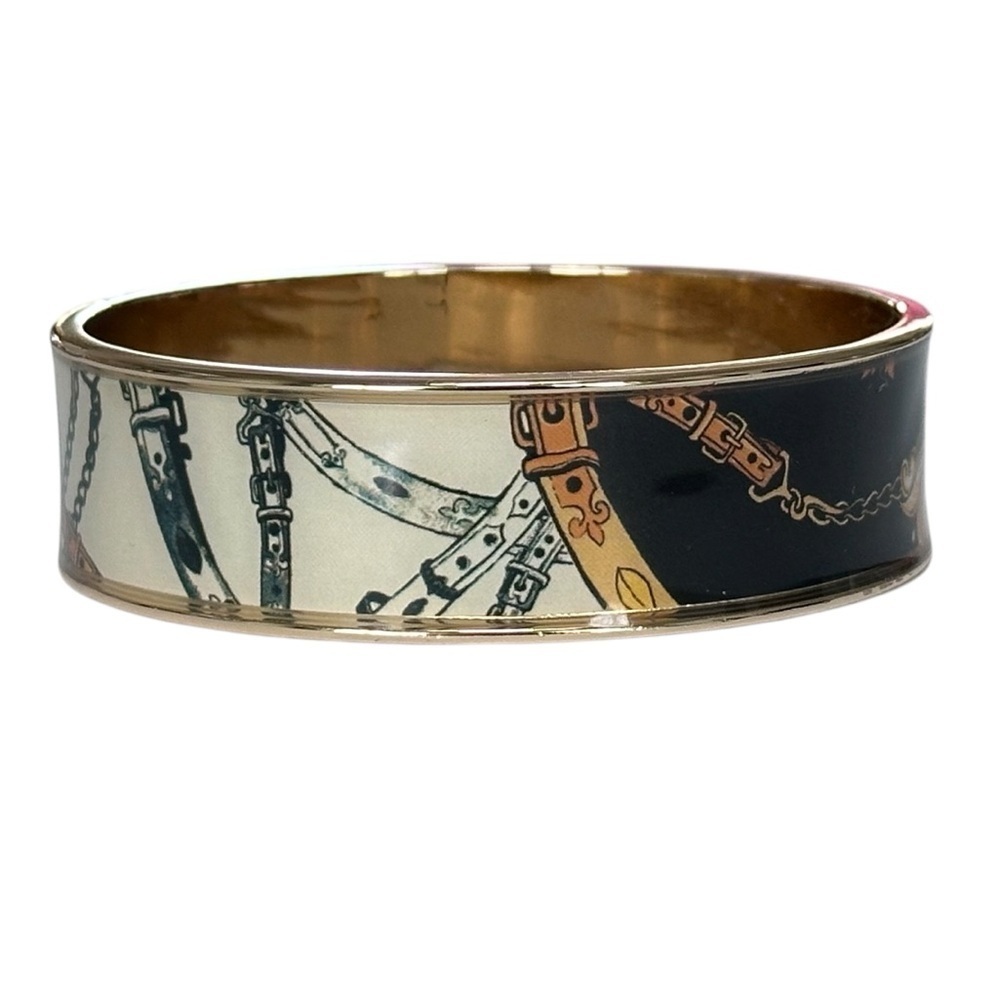 CHICO’S Gold Tone Hinged Bangle Bracelet Floral Chain Motifs Black White